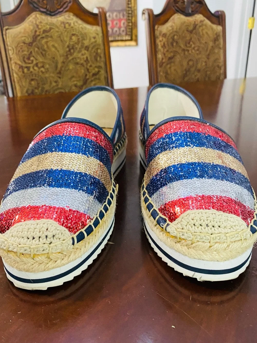 Tommy Hilfiger Red Blue Gold Cream Sequin Espadrilles